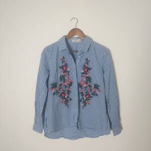 Ruff Hewn Button Down Shirt Women's Medium Gingham Floral Embroidered Cottage
